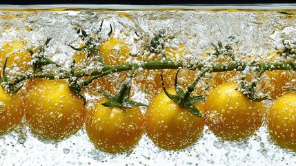   A tomato vine with water drops splashing on its surfaces is shown in a close-up image
