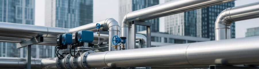 Industrial insulated heating pipes set against a backdrop of modern building structures. City energy supply system concept.
