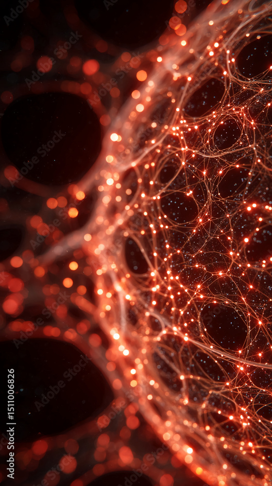 Poster Intricate network of glowing orange threads and nodes, creating a dynamic, abstract design, representing connection, technology, or neural activity