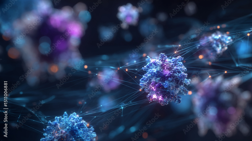 Poster Microscopic blue and purple structures interconnected by glowing lines, depicting a complex network, symbolizing cellular connection or neural network