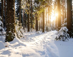 Winter sun shines through snowy forest path