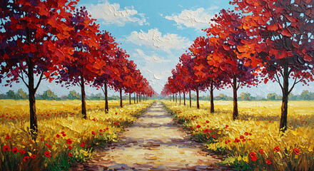 A beautiful painted autumn landscape with a path lined by vibrant red trees leading into a golden field under a cloudy sky.