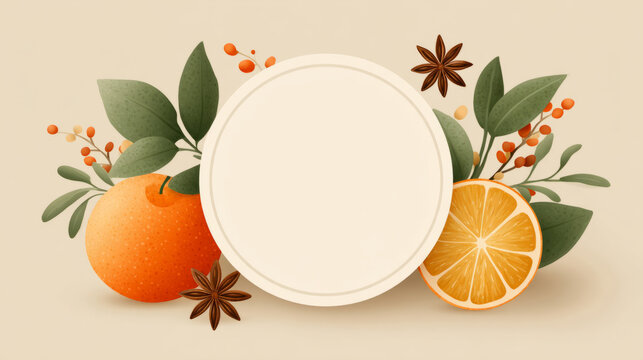 Elegant cider label design with decorative border featuring oranges and herbs