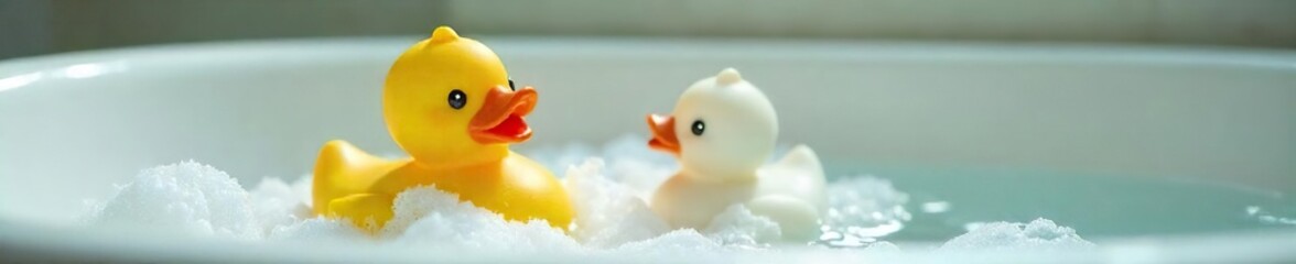 A cheerful yellow rubber ducky sits in a bathtub, surrounded by bubbles Perfect for bath time, childhood, or playful imagery Close-up shot highlighting its texture and detail , bath toy, joyful