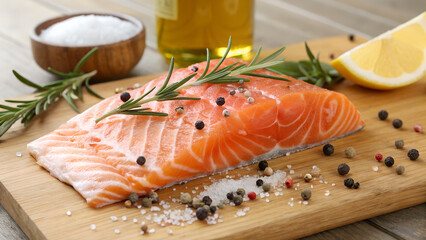 Raw salmon fillet with rosemary, peppercorns, salt, lemon, and oil on a wooden cutting board.