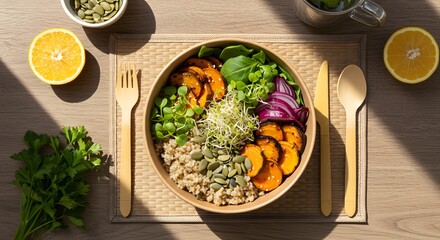Overhead shot of a colourful and nutritious bowl of food with fresh, healthy ingredients.