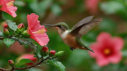 Obraz premium A hummingbird sits on a tree branch with a red bloom nearby and a pink flower far away