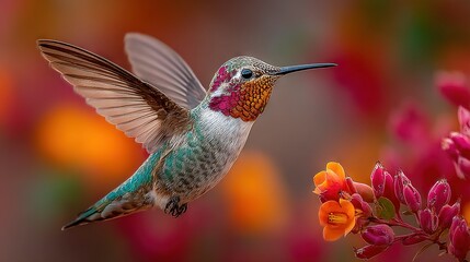 Fototapeta premium A hummingbird hovers above red and yellow foreground flowers, blurring the background