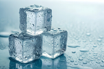 Stack of Ice Cubes with Water Droplets on Cool Blue Surface