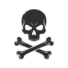 Classic black and white silhouette of a skull and crossbones, featuring a slightly distressed texture