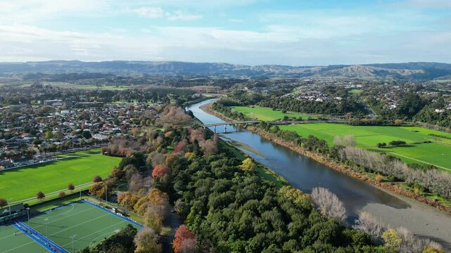 Drone Approaching Manawatu River, Scenic Parklands and Trees, Palmerston North, New Zealand