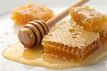 Natural Honeycomb with Wooden Honey Dipper and Fresh Golden Honey