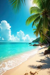 Fototapeta premium Sun-drenched beach scene with sparkling turquoise water, inviting sand, and lush palm trees swaying gently in the breeze; perfect for a relaxing summer getaway , summer, ocean, clouds