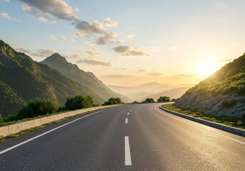 Fototapeta premium Scenic Mountain Road at Sunset, Winding Asphalt Highway