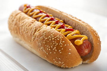 Close-up shot of a delicious hot dog in a sesame seed bun with mustard and ketchup.