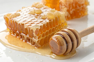 Natural Honeycomb with Wooden Honey Dipper and Fresh Golden Honey