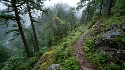  Trail between dense woods on either side, shrouded by hazy mist
