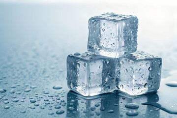 Stack of Ice Cubes with Water Droplets on Cool Blue Surface
