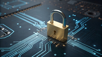 Cybersecurity Concept with Lock on Circuit Board