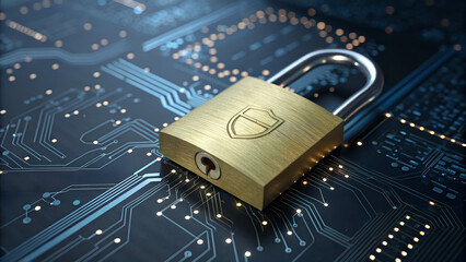 Cybersecurity Concept with Lock on Circuit Board