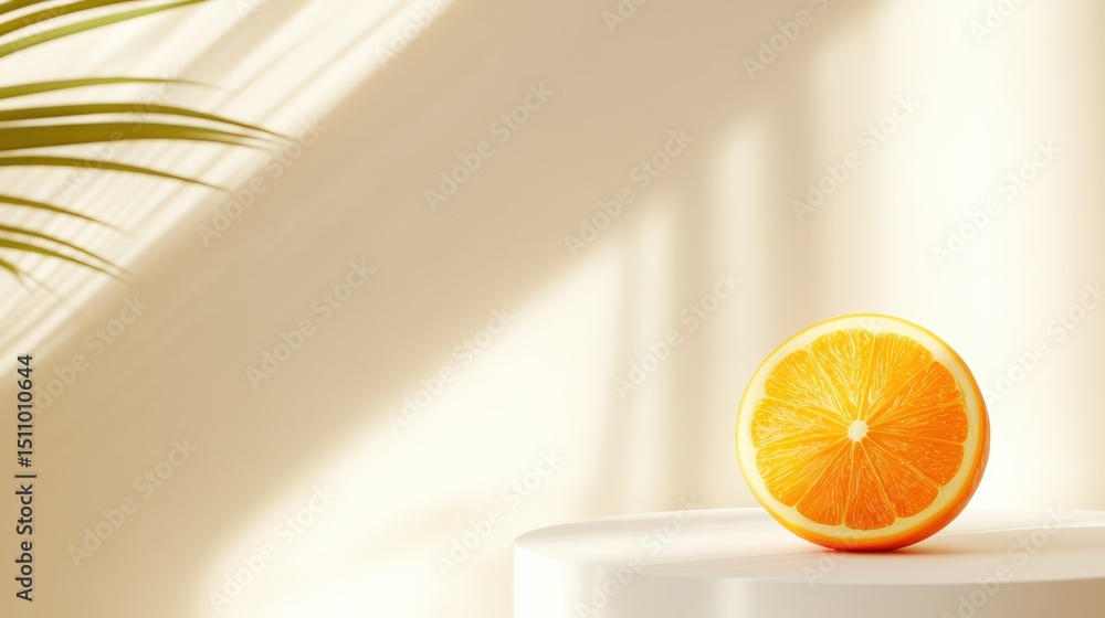 Poster an appealing image of a perfectly sliced orange resting on a minimalist surface, emphasizing freshne