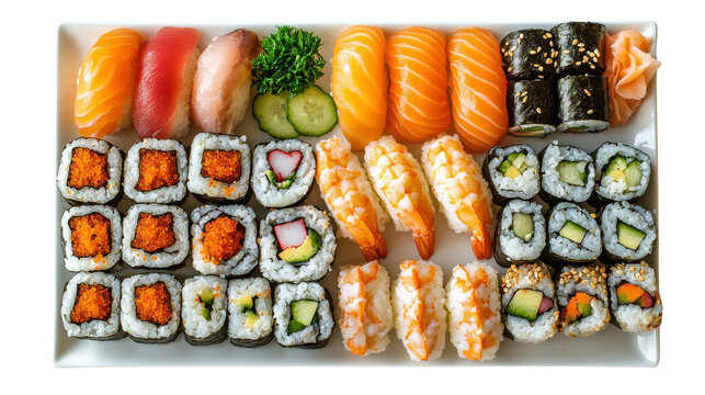 Assorted Japanese sushi platter with nigiri, maki and uramaki on a plate