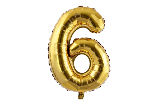 English number 6 made with gold foil balloon isolated on a transparent background
