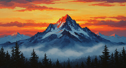 Majestic snowcapped mountain peak glows brilliantly at sunset, casting a warm orange hue over the misty evergreen forest below.