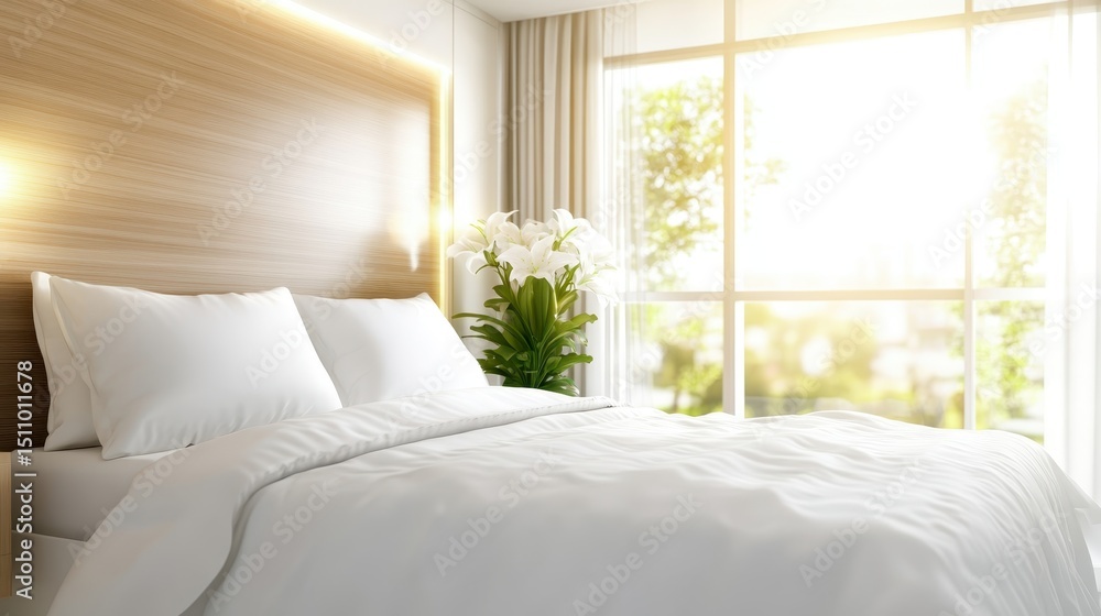 Poster this inviting bedroom features lush greenery and natural light streaming through large windows, crea