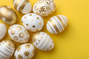 Elegant White and Gold Easter Eggs on Yellow Background
