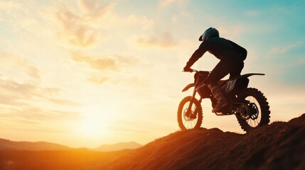 A motorcyclist ascending a sunlit hill, representing adventure, freedom, and the thrill of conquering nature's challenges with a powerful bike under the beautiful sunset.