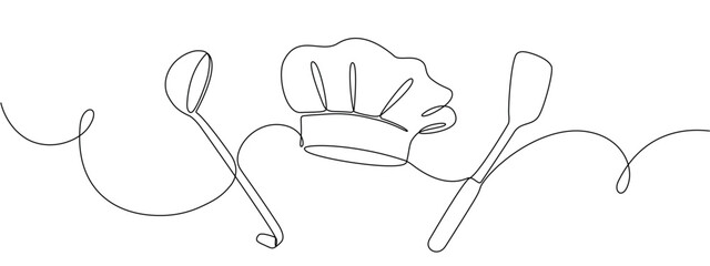  Ladle, cooking spatula and chef's cap in one solid line. Single line editable cutlery template for business cards, banners. Symbol of cafe, restaurant. Vector illustration