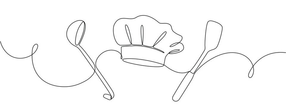 Ladle, cooking spatula and chef's cap in one solid line. Single line editable cutlery template for business cards, banners. Symbol of cafe, restaurant. Vector illustration