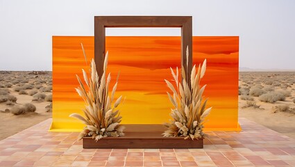 Desert sunset wedding ceremony arch pampas grass decor