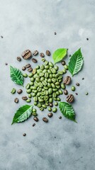 Fresh green coffee beans and leaves on a light gray background