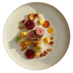 Gourmet plated meat with potato fondant, beetroot, and puree