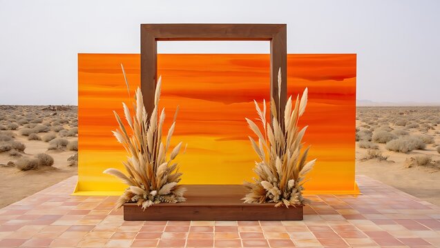 Desert sunset wedding ceremony arch pampas grass decor