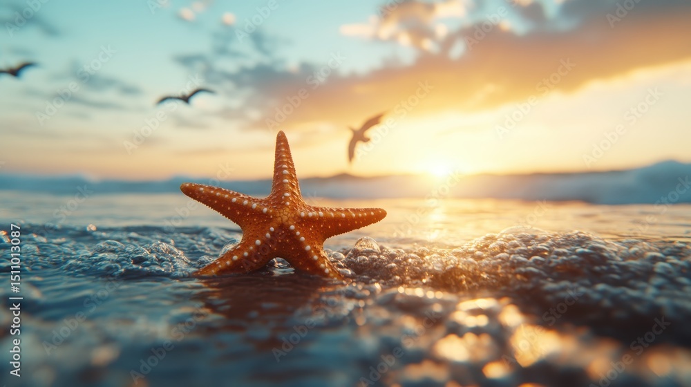 Poster a captivating scene displaying a starfish resting on the shore, with gentle waves lapping at its sid
