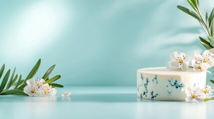 An elegant cheese wheel adorned with delicate flowers rests on a smooth blue surface, offering a sophisticated aesthetic in food presentation and culinary artistry.