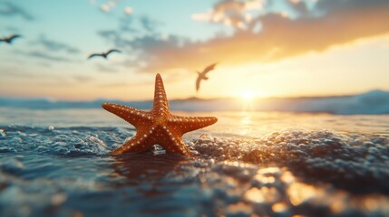 A captivating scene displaying a starfish resting on the shore, with gentle waves lapping at its sides and a picturesque sunset in the background creating a magical atmosphere.