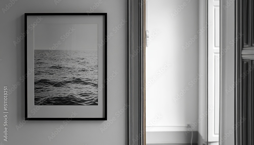 Poster modern living room with minimalist design featuring a gray couch and a framed artwork illuminated by