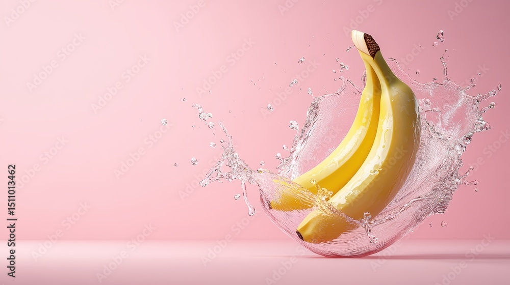 Poster this dynamic image showcases vibrant bananas splashing into water, creating a lively and energetic v