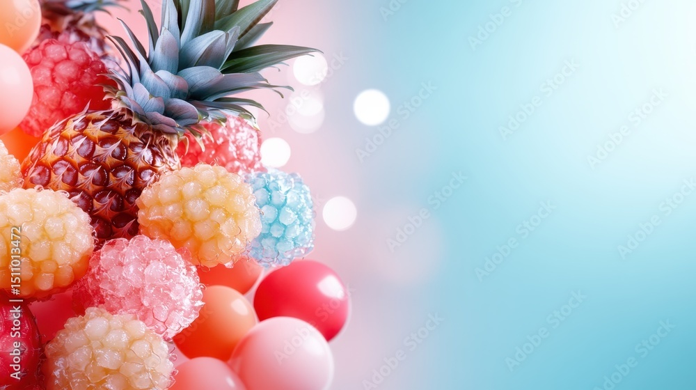Poster vibrant collection of fruits including pineapples and jelly candies set against a soft bokeh backgro