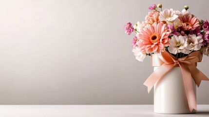 A captivating arrangement of fresh flowers in soft colors presented in a classic white pot, perfect for adding a touch of beauty and freshness to any setting.