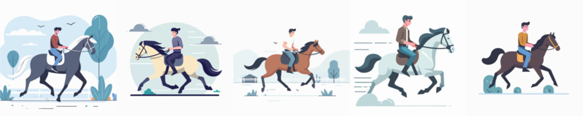 vector of a young man riding a horse