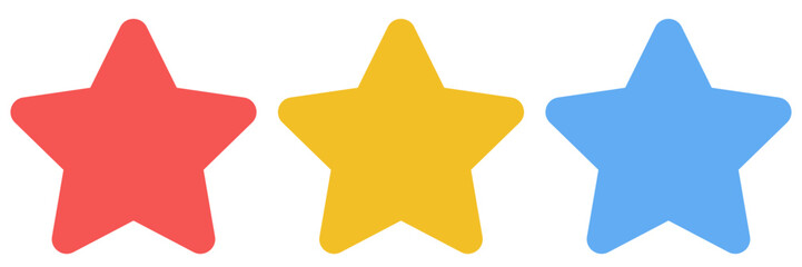 Three five-pointed stars with isolated background, colored in beautiful red, yellow and blue, perfect for festive and child theme designs or celebrations.