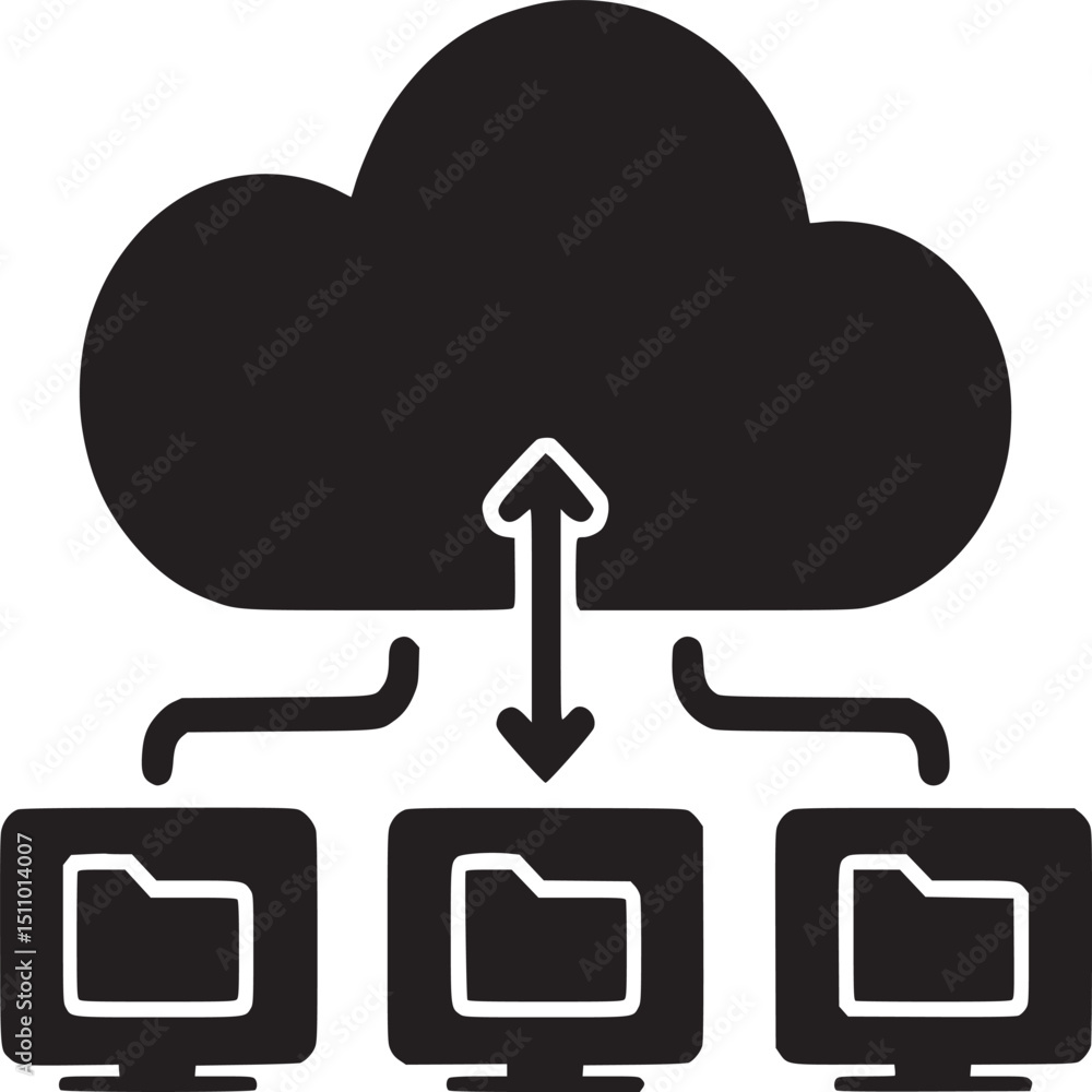 Poster black cloud connected to three computers with folder icons and arrows between
