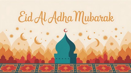 Eid al adha mubarak design with mosque silhouette and crescent moon decorations