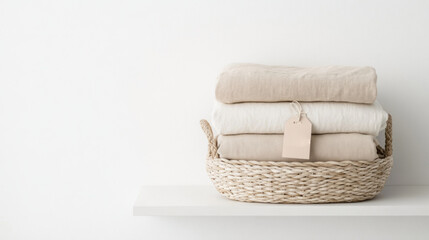Neatly folded bed sheets in woven basket on shelf for minimalist home decor