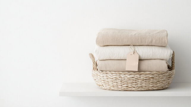 Neatly folded bed sheets in woven basket on shelf for minimalist home decor